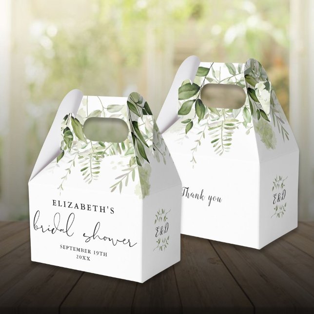 Bröllopsdusch med blomstergrönska presentaskar (Floral Greenery Script Bridal Shower Favor Boxes)
