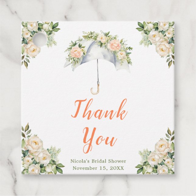 Bröllopsdusch med blomsterparaply gåvor etiketter (Framsida)