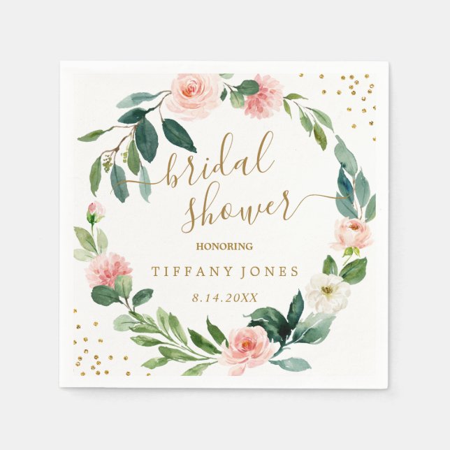 Bröllopsdusch med blomsterrosa guldconfetti pappersservett (Framsidan)