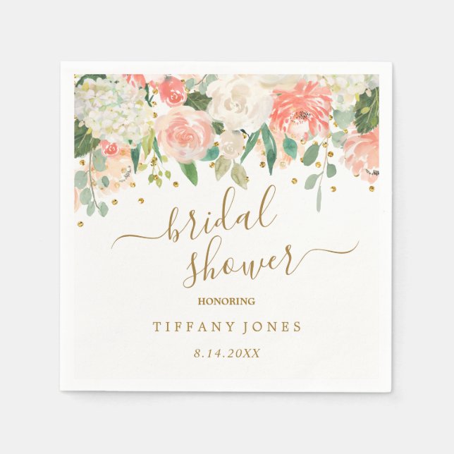Bröllopsdusch med blomsterrosa guldconfetti pappersservett (Framsidan)