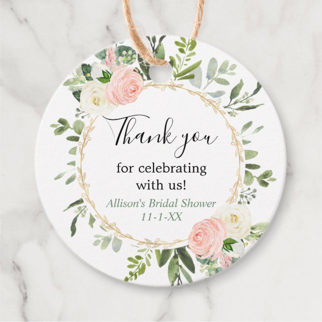 Bröllopsdusch med grönska guld rosa eukalyptus gåvor etiketter (Framsida)
