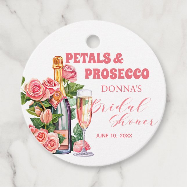 Bröllopsdusch med kronblad och Prosecco-flaska och Gåvor Etiketter (Framsida)