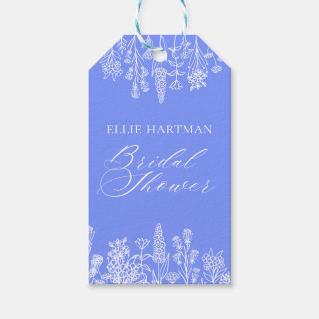 Bröllopsdusch med periwinkle vildblomma presentetikett (Framsidan)