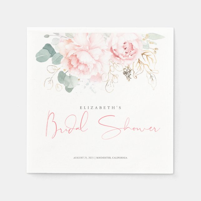 Bröllopsdusch med rosa blommor och guldgrönska pappersservett (Framsidan)