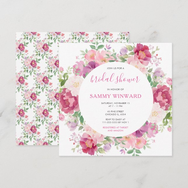 Bröllopsdusch med rosa och lila peonblommor inbjudningar (Fram/baksida)