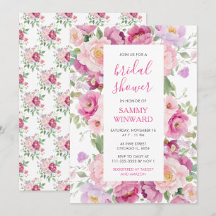 Bröllopsdusch med rosa och lila peonblommor inbjudningar