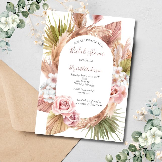 Bröllopsdusch med rosa rosor i boho-stil och pampa inbjudningar (Skapare uppladdad)