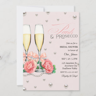Bröllopsdusch med rosa rosor, pärlor och Prosecco Inbjudningar