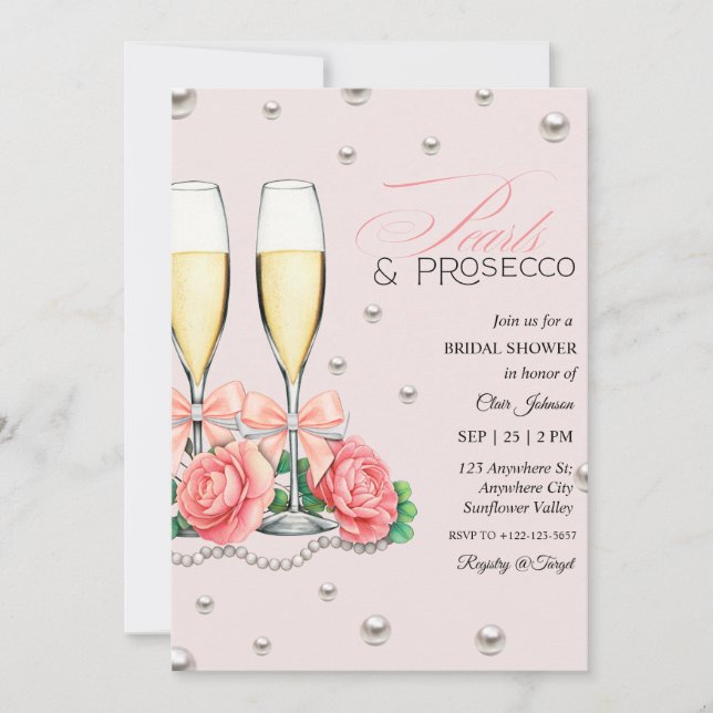 Bröllopsdusch med rosa rosor, pärlor och Prosecco Inbjudningar (Framsida)