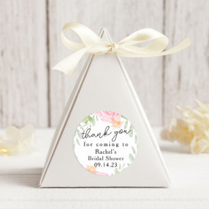 Bröllopsdusch med rosafärgad blommotiv - tack runt klistermärke