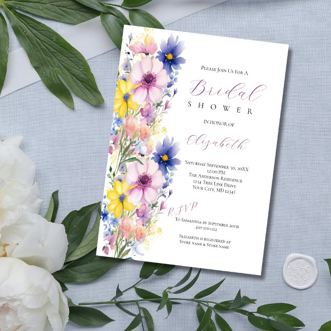 Bröllopsdusch med vilda blommor rosa blå gula inbjudningar (Wildflower Watercolor Bridal Shower Invitation. Pink Yellow Blue Flowers, Printed or Digital )