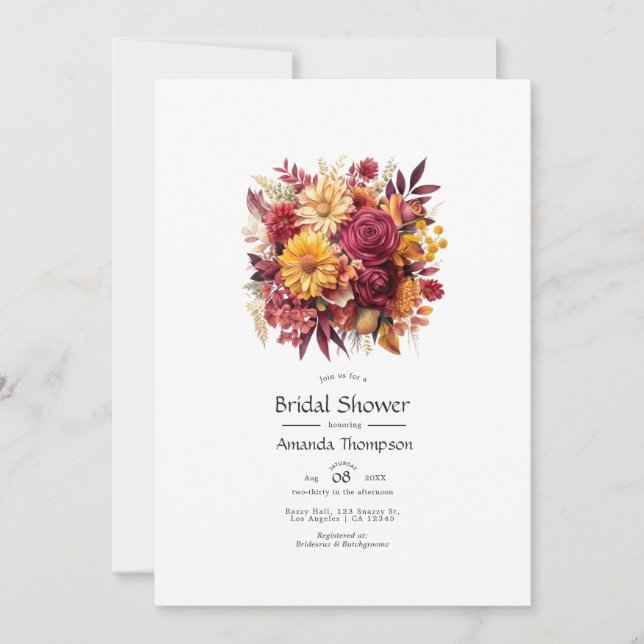 Bröllopsdusch med vinröda och gula blommor inbjudningar (Framsida)