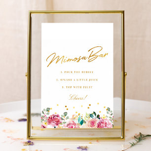 Bröllopsdusch Mimosa Bar skylt med rosa blommor