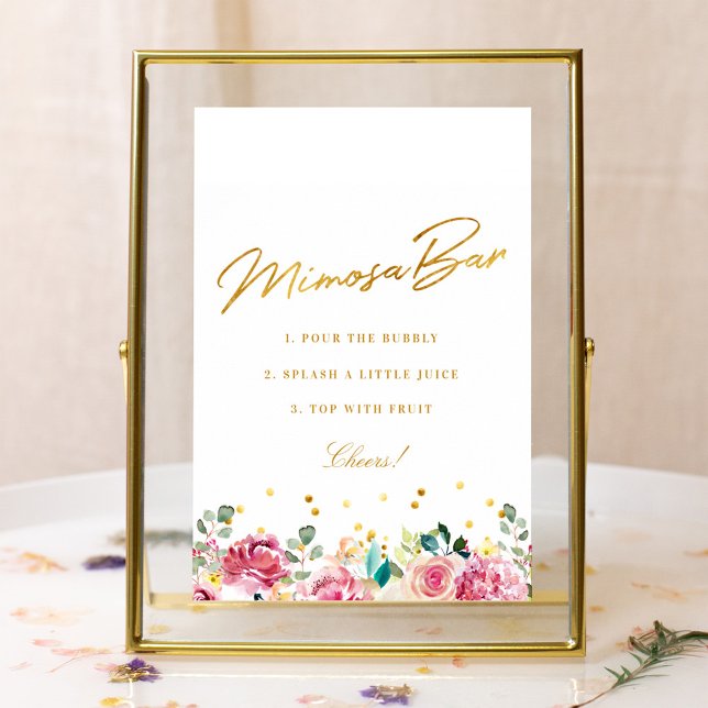 Bröllopsdusch Mimosa Bar skylt med rosa blommor (Skapare uppladdad)