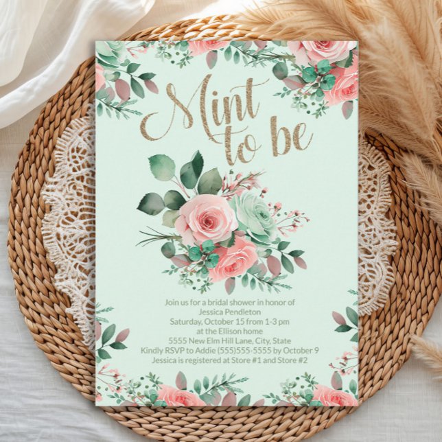 Bröllopsdusch Mint att bli Rosa Rosor Grönska Inbjudningar (Elegant Mint to Be Bridal Shower invitation)