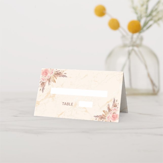Bröllopsdusch pampasgräs rosabeige blommor marmor placeringskort (Framsida)
