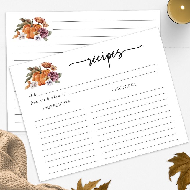 Bröllopsdusch Receptkort (Fall Pumpkin Floral Bridal Shower Recipes Card by Painted Paperie
)