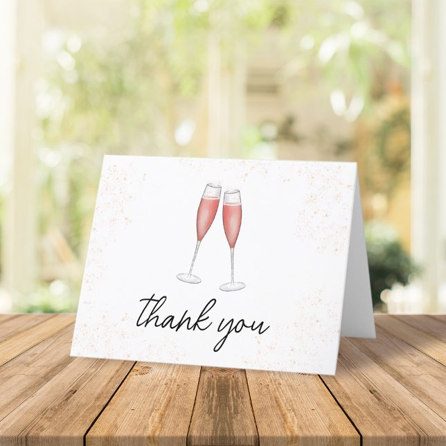 Bröllopsdusch Rosa Kalligrafi Champagne Tack Kort (Simple pink champagne toasting flutes thank you card)