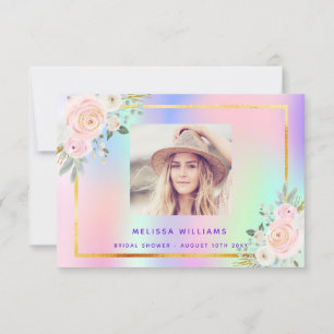 Bröllopsdusch rosa lila foto blommig holografisk tack kort