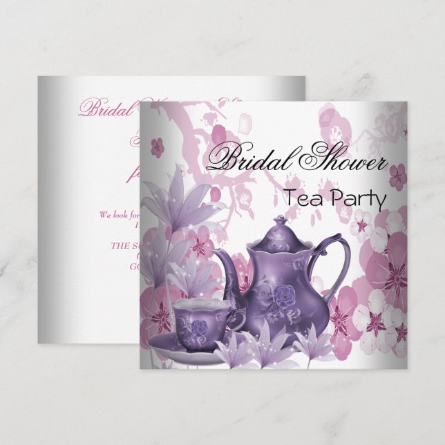 Bröllopsdusch Rosa Lila Tea Party Inbjudningar (Fram/baksida)