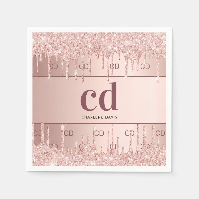 Bröllopsdusch rose gold glittermonogram initialer pappersservett (Framsidan)