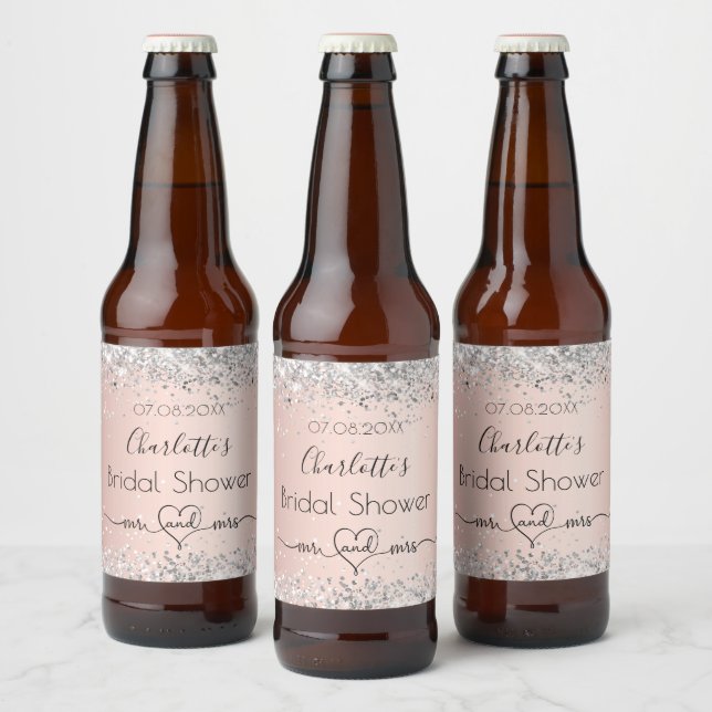 Bröllopsdusch rose gold silver herr fru ölflaska etikett (Flaskor)