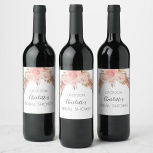 Bröllopsdusch rosé rosa blommande pampas gräs namn vinflaska etikett