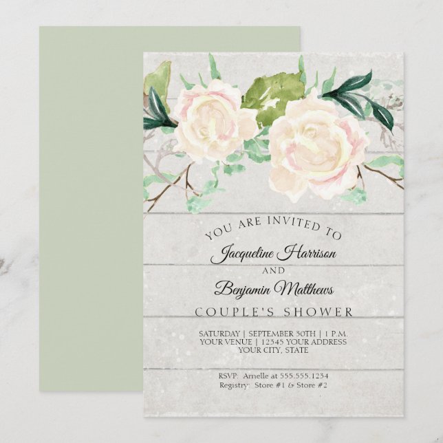 Bröllopsdusch Rustik Trä Akvarell Elfenbensvita Ro Inbjudningar (Fram/baksida)