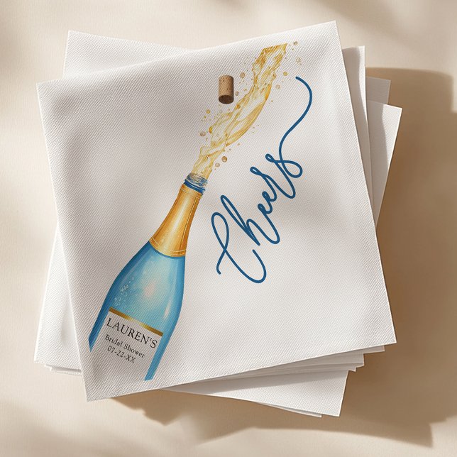 Bröllopsdusch-servetter Cheers Blå Champagne Pop Pappersservett (Cheers Bridal Shower Napkin Design)