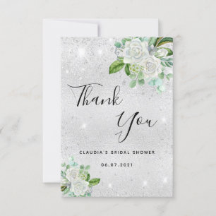 Bröllopsdusch silver glitter vita blommor tack kort