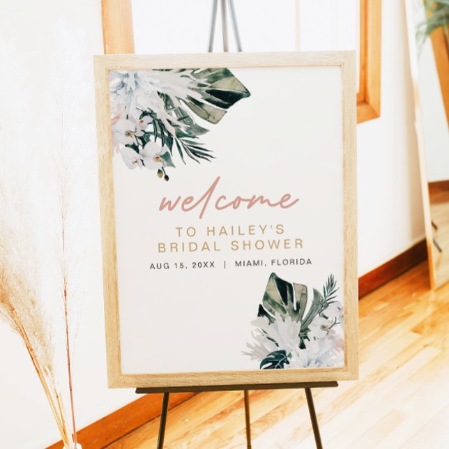 Bröllopsdusch skylt med rosa Pampas och tropiska p (Skapare uppladdad)