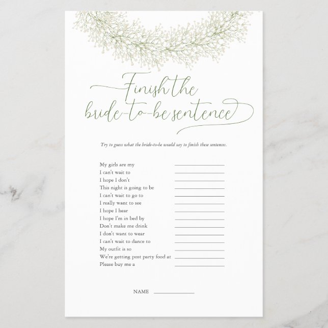 Bröllopsdusch spel Flyer Slutför meningen (Framsidan)