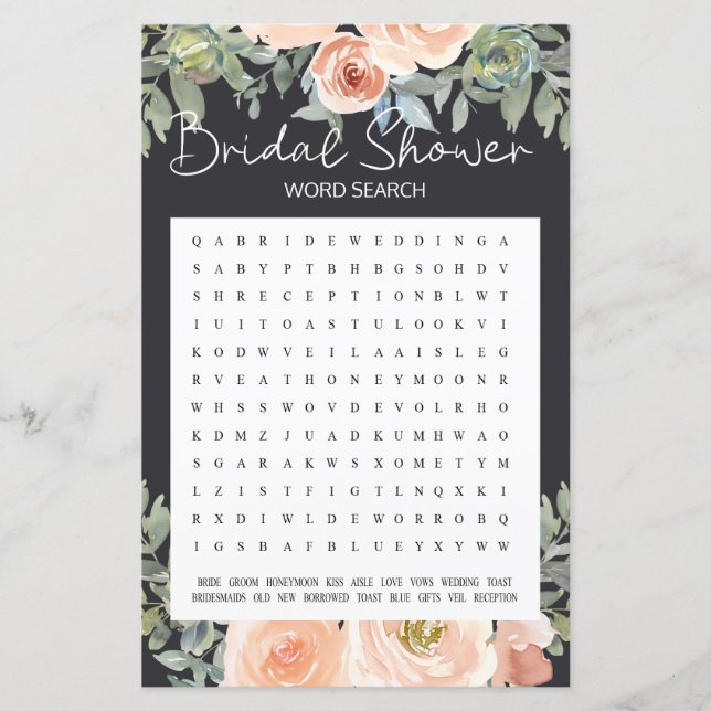 Bröllopsdusch spel Ord Sök Pastell Peach Blommig (Framsida)