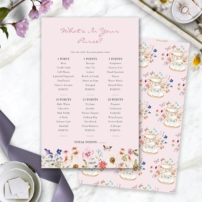 Bröllopsdusch Te-sällskapsspel (Pink Bridal Shower What's In Your Purse Tea Game by Painted Paperie
)