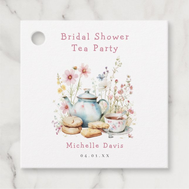 Bröllopsdusch Tea Party med blommor Gåvor Etiketter (Framsida)