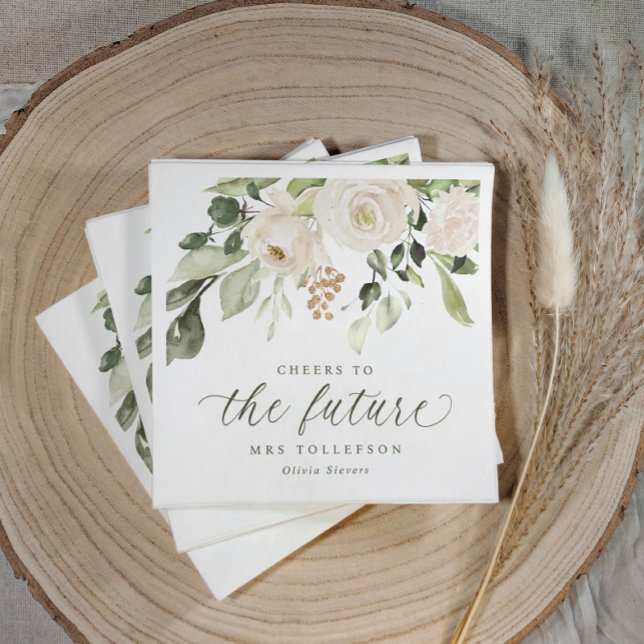 Bröllopsdusch Trädgård Sagegrön Blommig Elegant Pappersservett (Sage green bridal shower napkins with watercolor floral greenery and “cheers to the future Mrs.”)