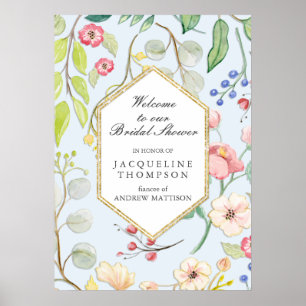 Bröllopsdusch Välkomst Dammig Blå Blommig Lövverk Poster