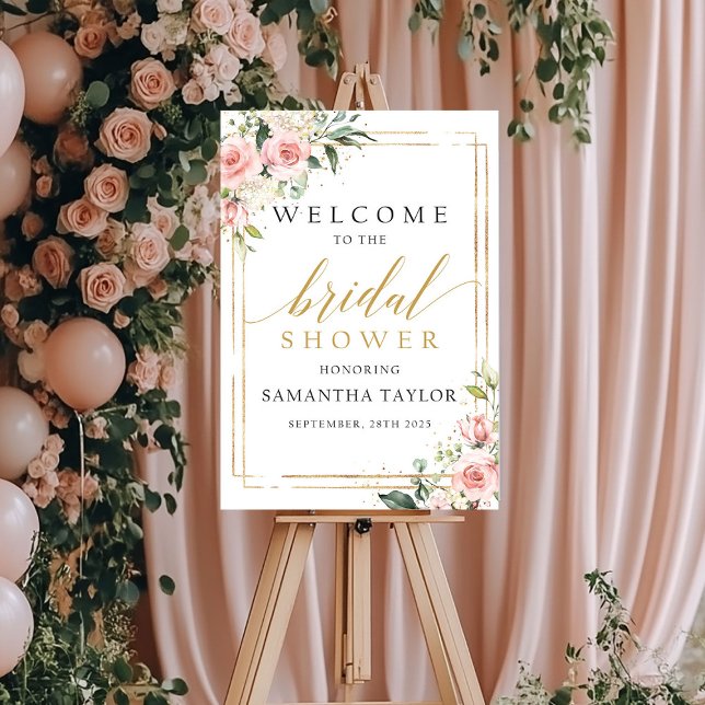 Bröllopsdusch välkomstskylt i rosa blomster och gu poster (Blush pink floral gold bridal shower welcome sign)