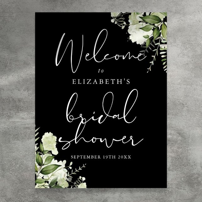 Bröllopsdusch välkomstskylt i svart och vitt med g poster (Greenery Black White Bridal Shower Welcome Sign)