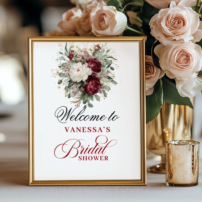 Bröllopsdusch välkomstskylt med blommande rosé Bur Poster (Floral Blush Burgundy Bridal Shower Welcome)