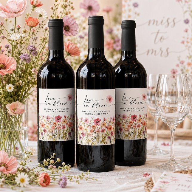 Bröllopsdusch Vinklistor för Love In Bloom Vinflaska Etikett (Skapare uppladdad)