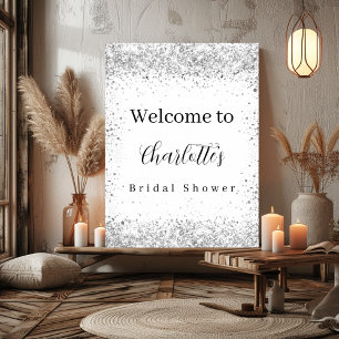 Bröllopsdusch vit silver glitter skript välkommen poster