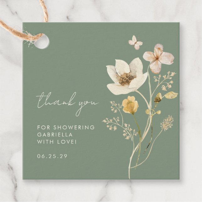 Bröllopsdusch Wildflower Tacksamhet Sagegrön Gåvor Etiketter (Framsida)