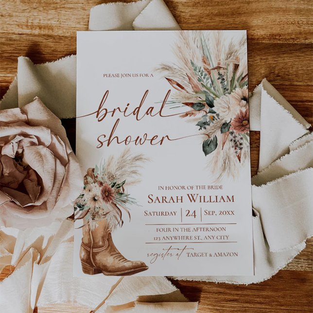Bröllopsduschens inbjudningskort Boots and Blooms (Western Cowgirls Boots and Blooms Bridal Shower Invitation Card)