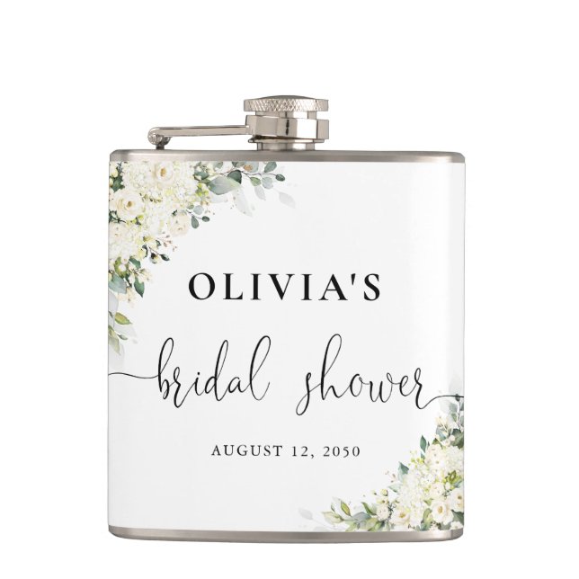 Bröllopsduschflaska med vita blommor fickplunta (Framsidan)