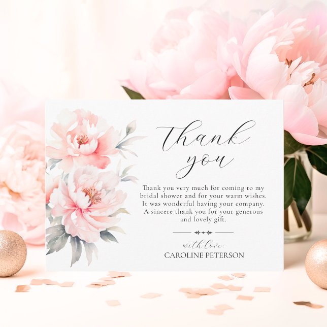 Bröllopsduschgäster med rosa peonblommor tack kort (Blush pink peonies Bridal Shower Guests Thank You Card)