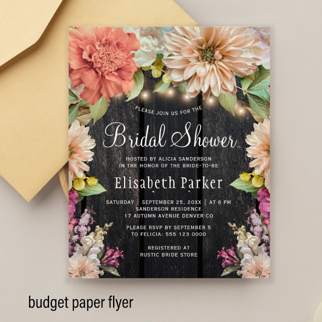 Bröllopsduschinbjudan i lantlig blomstil med trämo flygblad (Skapare uppladdad)