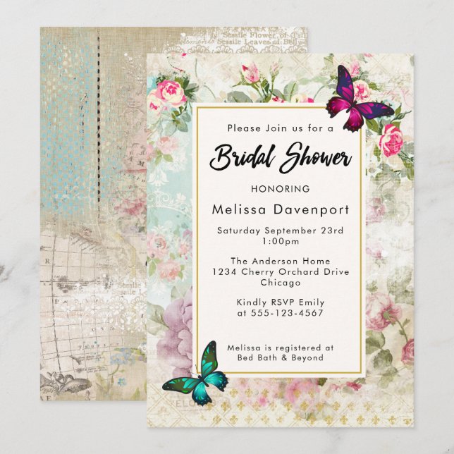 Bröllopsduschinbjudan med gamla rosor och fjärilar inbjudningar (Fram/baksida)