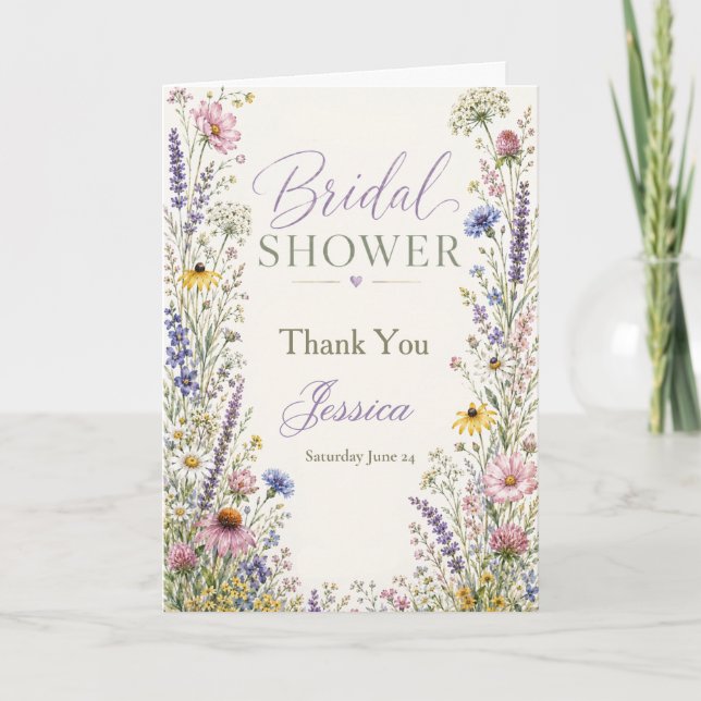Bröllopsduschinbjudan med vilda blommor tack kort (Framsida)
