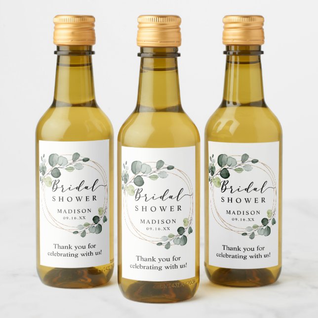 Bröllopsduschpresent med guld eukalyptusgrönska vinetikett (Flaskor)